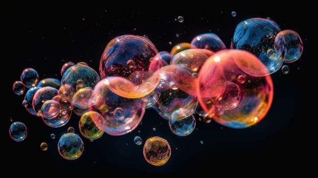 Soap bubbles on a black background. AI generated.