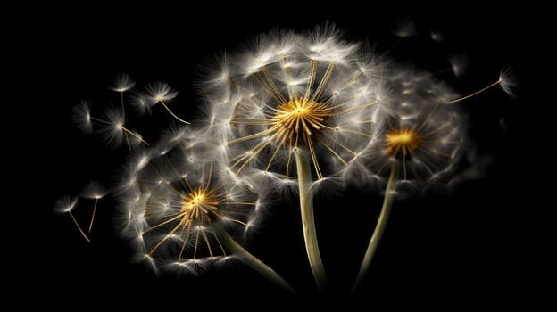 Dandelion scatters into white umbrellas, seeds on a black background. AI generated.