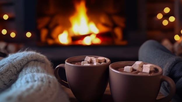 People hold in their hands two mugs of hot chocolate with marshmallows near the fireplace, on a winter evening. AI generated.