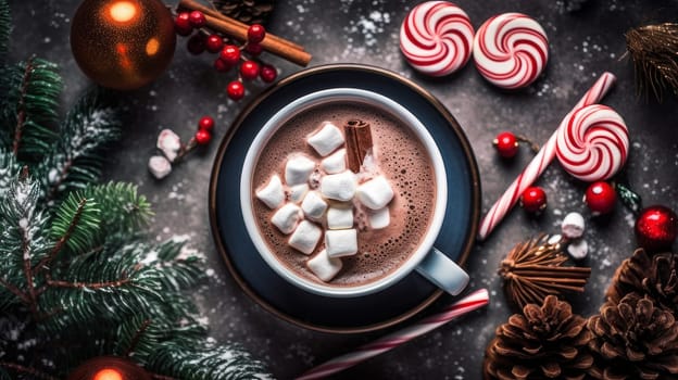 Hot chocolate with marshallows on a wooden surface with red caramel. New Year and Christmas decor and decoration. AI generated.