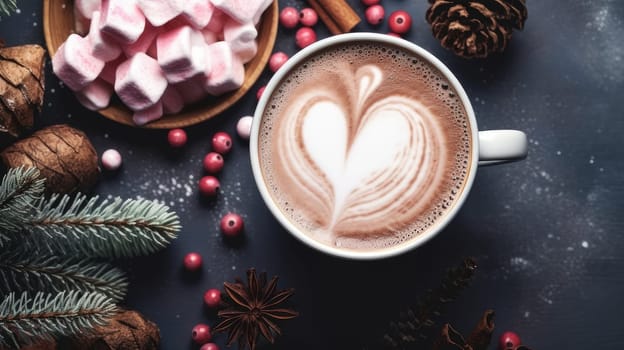 Hot chocolate with marshallows on a wooden surface with red caramel. New Year and Christmas decor and decoration. AI generated.