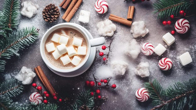 Hot chocolate with marshallows on a wooden surface with red caramel. New Year and Christmas decor and decoration. AI generated.