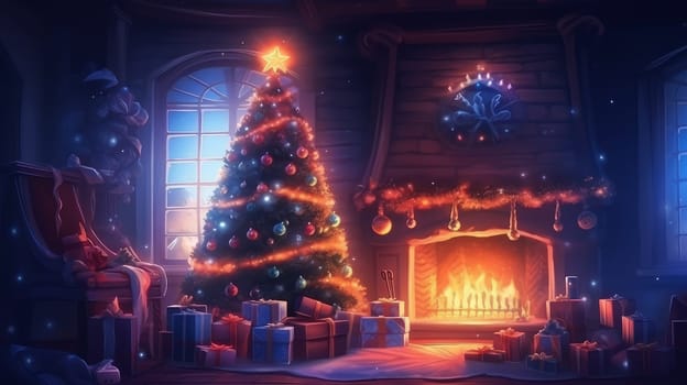 New Year's interior in the house with a Christmas tree and gifts on Christmas evening. AI generated.