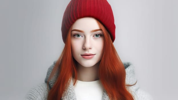 Portrait of a young, beautiful girl with red hair in a Santa Claus hat on a white background. New Year's and Christmas. AI generated.