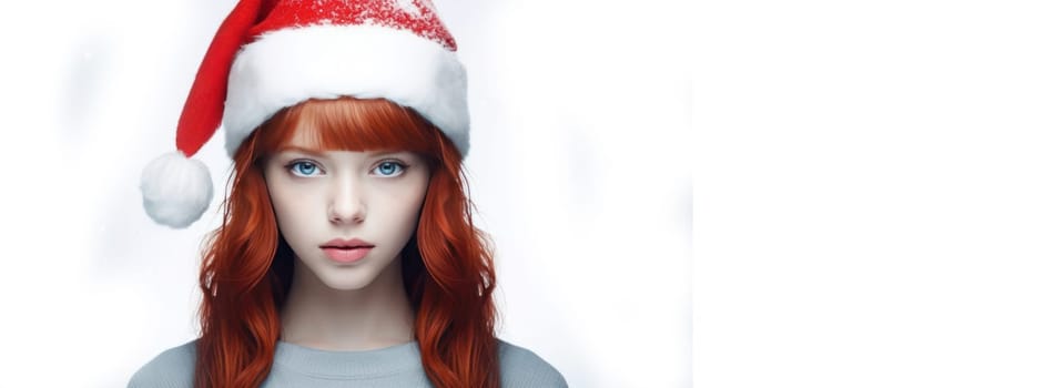 Portrait of a young, beautiful girl with red hair in a Santa Claus hat on a white background. New Year's and Christmas. AI generated.