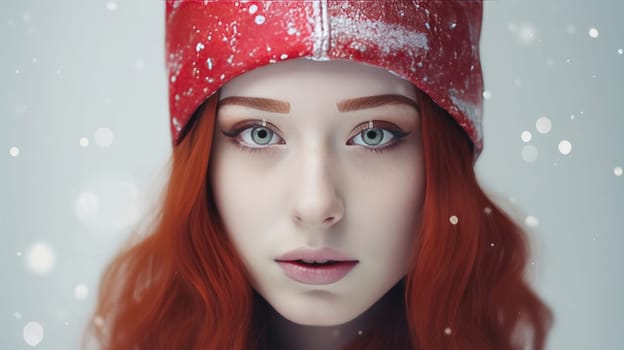 Portrait of a young, beautiful girl with red hair in a Santa Claus hat on a white background. New Year's and Christmas. AI generated.