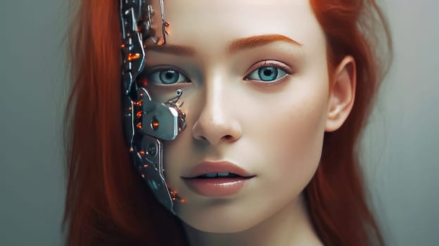 Portrait of a young girl with red hair, half with the face of a robot, a cyborg. Concept people coexist with modern technology and neural network