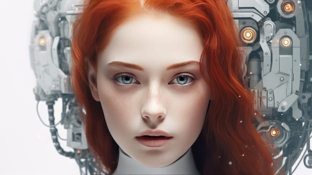 Portrait of a young girl with red hair in the foreground, a robot in the background. Concept people coexist with modern technology and neural network