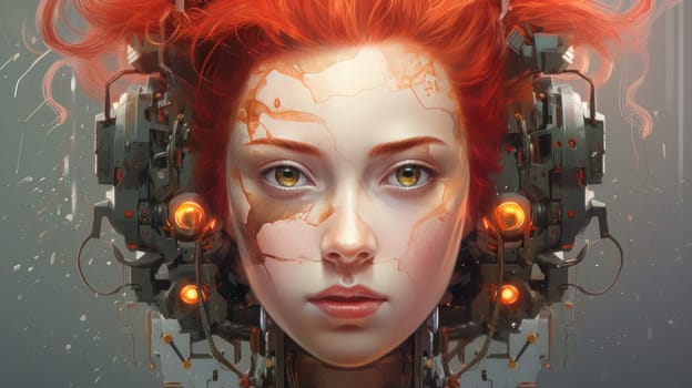 Portrait of a young girl with red hair, half with the face of a robot, a cyborg. Concept people coexist with modern technology and neural network