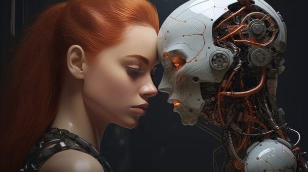 A woman with red hair with feelings touches the robot with her face. AI generated.