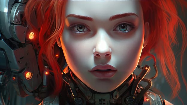 Portrait of a young girl with red hair, half with the face of a robot, a cyborg. Concept people coexist with modern technology and neural network