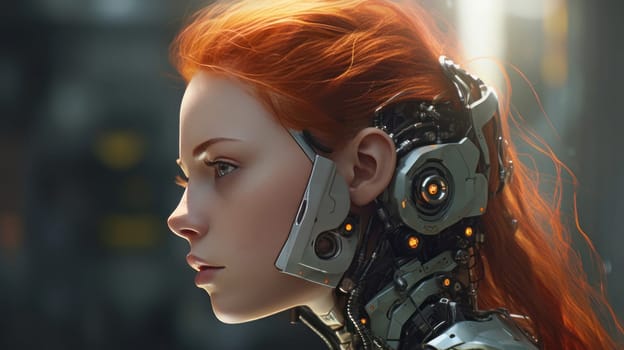 Portrait of a young girl with red hair, half with the face of a robot, a cyborg. Concept people coexist with modern technology and neural network