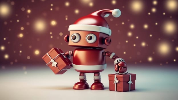 Robot Santa Claus with New Year and Christmas gifts on a plain background. AI generated.