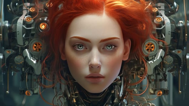 Portrait of a young girl with red hair in the foreground, a robot in the background. Concept people coexist with modern technology and neural network