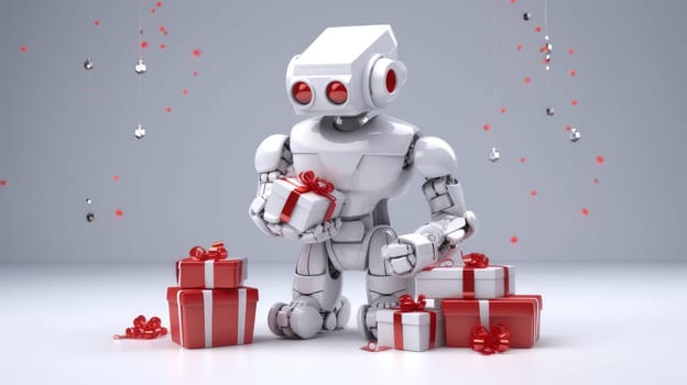 White, modern robot with New Year and Christmas gifts on a plain background. AI generated.