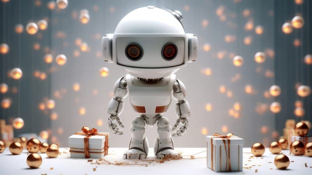 White, modern robot with New Year and Christmas gifts on a plain background. AI generated.