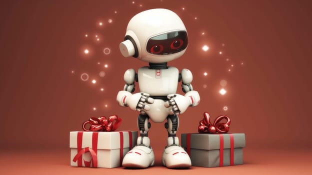 White, modern robot with New Year and Christmas gifts on a plain background. AI generated.