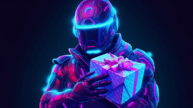 Modern robot in neon light with New Year and Christmas gifts. AI generated.