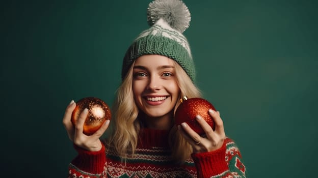 Portrait of a young, beautiful girl in a Santa Claus hat on a green background. New Year's and Christmas. AI generated.