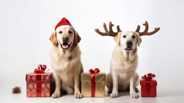 Dogs celebrating christmas holidays wearing red santa claus hat, reindeer antlers and red gift ribbon isolated on white background. AI generated