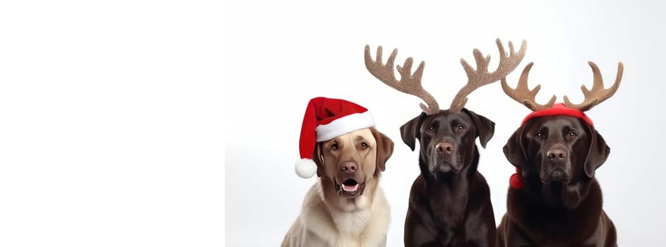 Dogs celebrating christmas holidays wearing red santa claus hat, reindeer antlers and red gift ribbon isolated on white background. AI generated