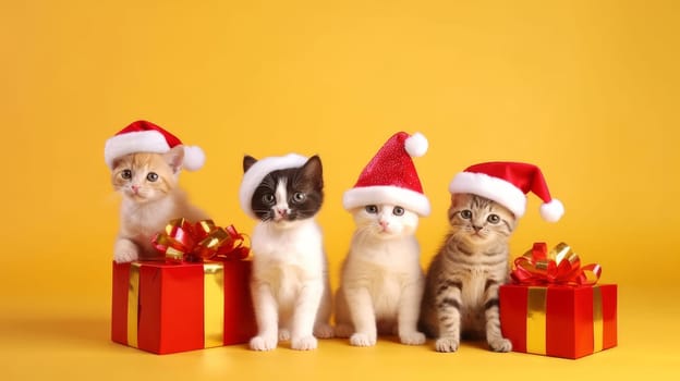 Cats and kittens celebrating the Christmas holidays in a red santa claus hat, reindeer antlers and a red gift ribbon on a white background. AI generated
