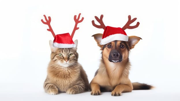 Cat and dog celebrating christmas holidays wearing red santa claus hat, reindeer antlers and red gift ribbon isolated on white background. AI generated