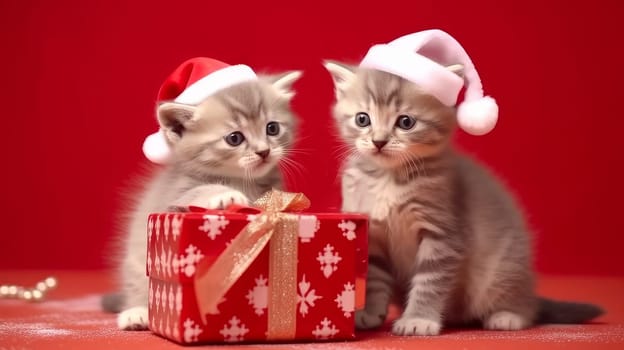 The cat and kittens celebrate the Christmas holidays in a red santa claus hat, reindeer antlers and a red gift ribbon on a red background. AI generated