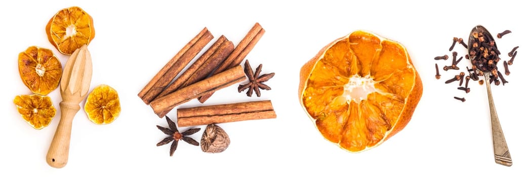 Set of sweet spices, dry oranges cinnamon sticks and star anise