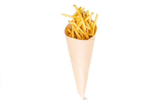 Fresh french fries chips wrapped in brown craft paper on a white background