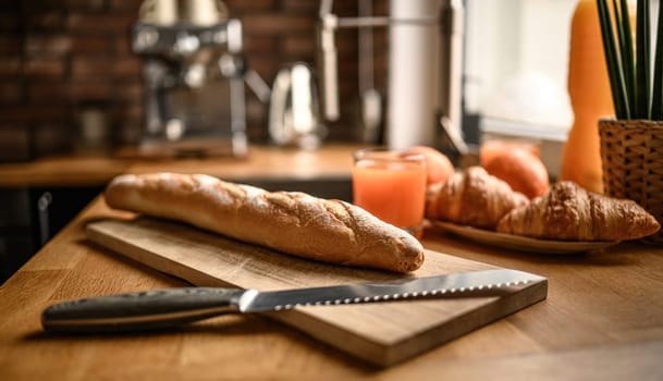 Fresh baguette on a cutting board at the kitchen. Cooking fresh french breakfast.