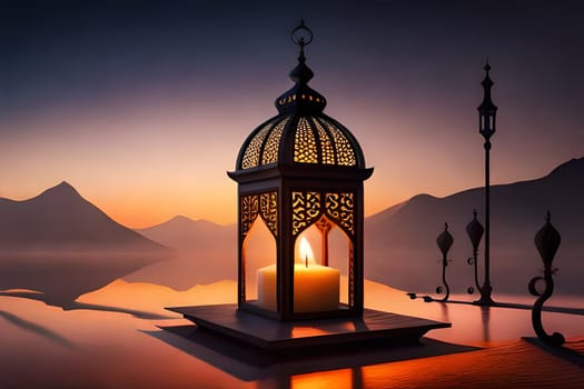 Ornamental Arabic lantern with burning candle glowing . Festive greeting card, invitation for Muslim holy month Ramadan Kareem. Ramadan Kareem greeting photo with serene mosque background.