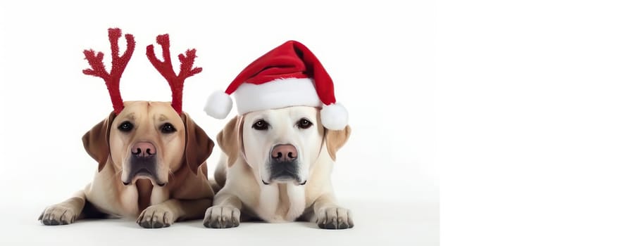 Dogs celebrating christmas holidays wearing red santa claus hat, reindeer antlers and red gift ribbon isolated on white background. AI generated