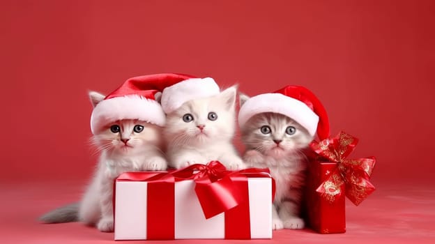 The cat and kittens celebrate the Christmas holidays in a red santa claus hat, reindeer antlers and a red gift ribbon on a red background. AI generated