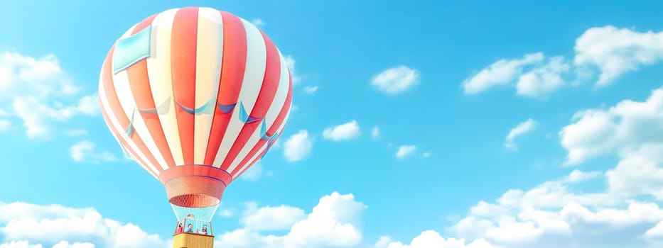 colorful hot air balloon in blue sky, banner with copy space, made with Generative AI. High quality illustration