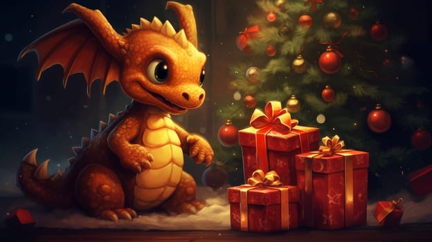 The dragon is a symbol of the new year according to the eastern calendar and a small child is together near the New Year tree with Christmas gifts and lights. AI generated