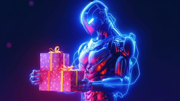 Modern robot in neon light with New Year and Christmas gifts. AI generated.