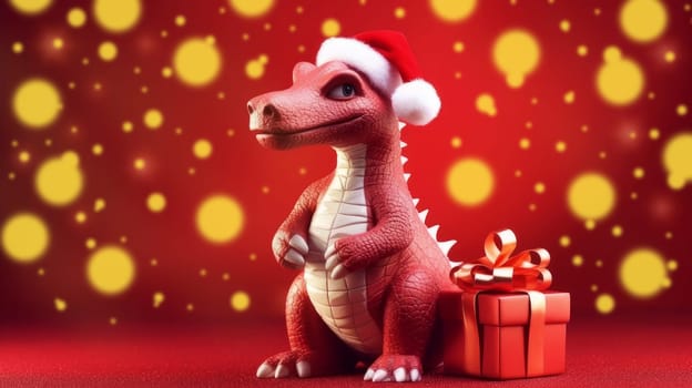 New Year's dragon is a symbol of the new year according to the eastern calendar in a Santa Claus hat with New Year and Christmas gifts on a red background. AI generated