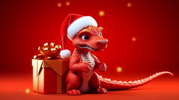 New Year's dragon is a symbol of the new year according to the eastern calendar in a Santa Claus hat with New Year and Christmas gifts on a red background. AI generated