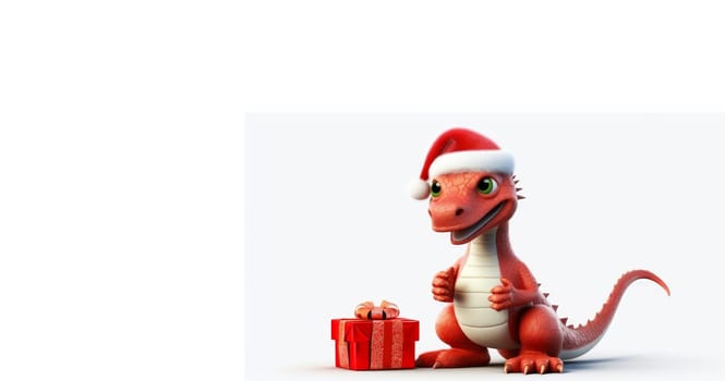 New Year's dragon is a symbol of the new year according to the eastern calendar in a Santa Claus hat with New Year and Christmas gifts on a white background. AI generated