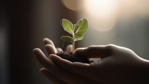 Close Up Plant in male Hands. Care of the Environment. Ecology concept. Generative AI.