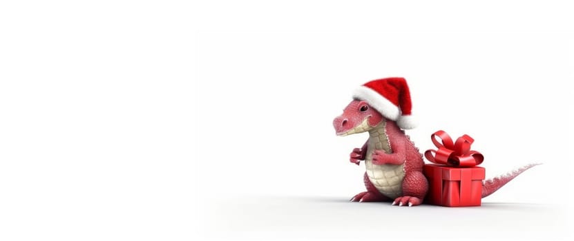 New Year's dragon is a symbol of the new year according to the eastern calendar in a Santa Claus hat with New Year and Christmas gifts on a white background. AI generated