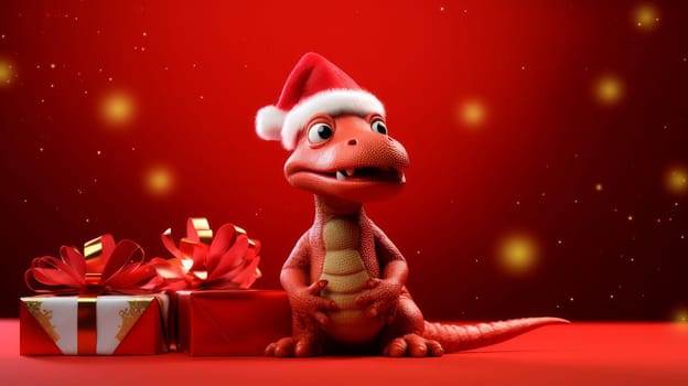 New Year's dragon is a symbol of the new year according to the eastern calendar in a Santa Claus hat with New Year and Christmas gifts on a red background. AI generated