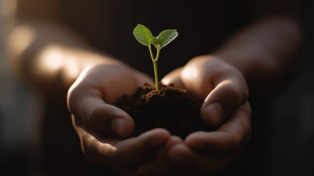 Close Up Plant in male Hands. Care of the Environment. Ecology concept. Generative AI.