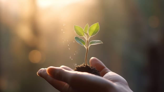 Close Up Plant in male Hands. Care of the Environment. Ecology concept. Generative AI.