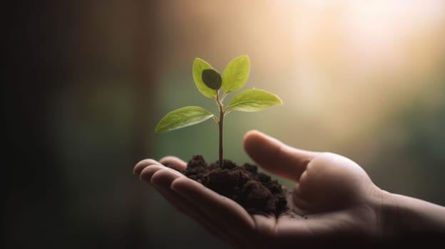 Close Up Plant in male Hands. Care of the Environment. Ecology concept. Generative AI.