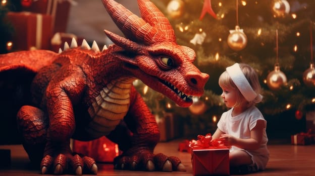 The dragon is a symbol of the new year according to the eastern calendar and a small child is together near the New Year tree with Christmas gifts and lights. AI generated