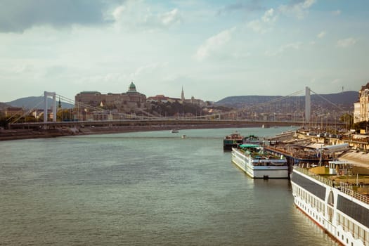 Budapest cityscape in Hungary with Buda Castle and Elizabeth Bridge over Danube river.
