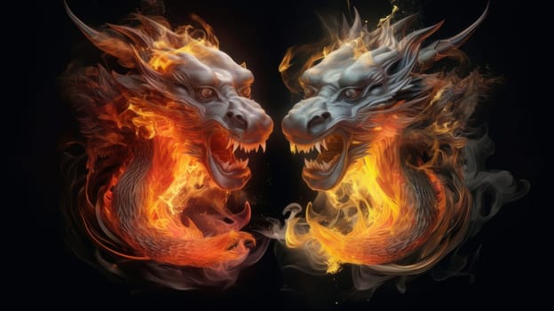 Two heads of a dragon on fire are a symbol of the new year according to the eastern calendar in the forest. AI generated.
