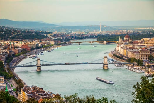 Budapest city view at the Hungarian Parliament and Margaret Island. Budapest, Hungary.